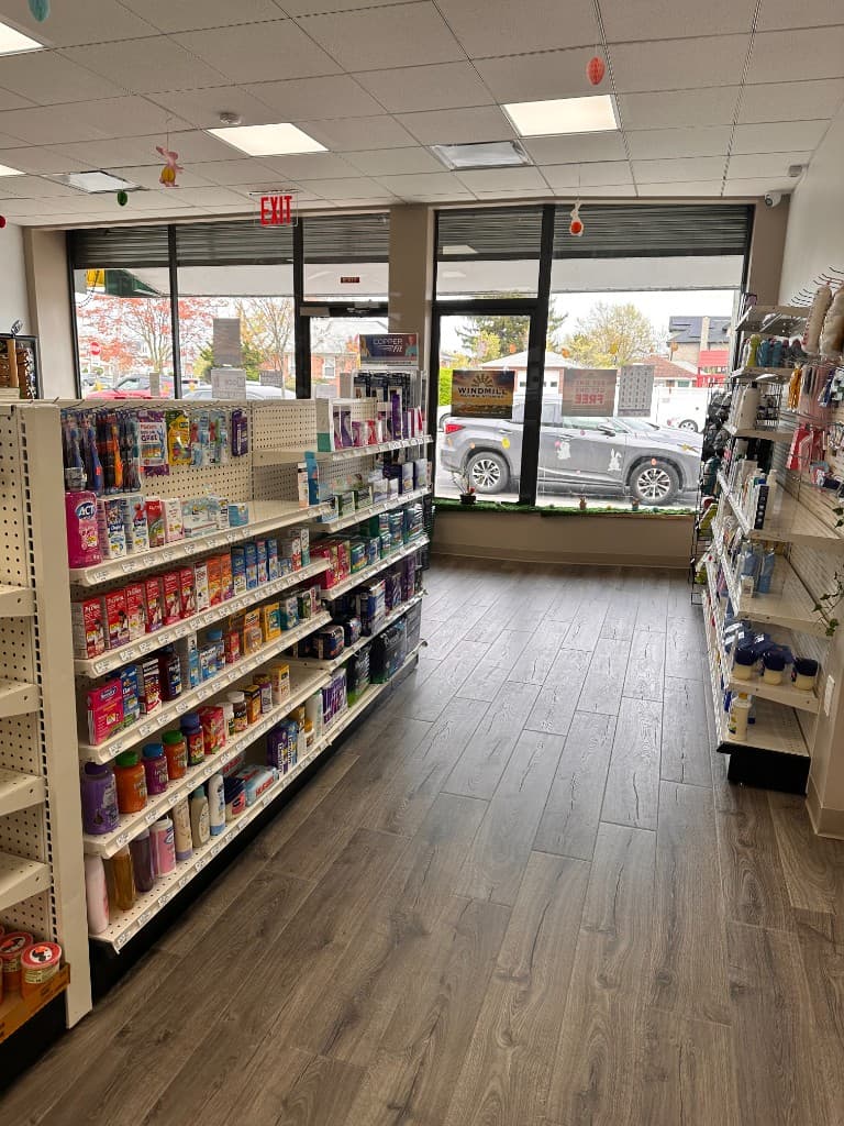 Pharmacy interior with well-stocked shelves